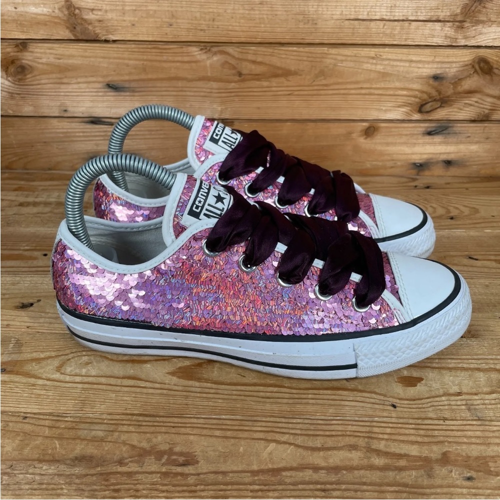 CONVERSE All Star Trainers Size UK 4 Womens Pink Sequin Glitter Lace Up Shoes - Picture 1 of 13